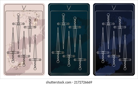 5 of Swords. A card of Minor arcana one line drawing tarot cards. Tarot deck. Vector linear hand drawn illustration with occult, mystical and esoteric symbols. 3 colors. Proposional to 2,75x4,75 in.