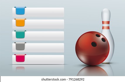 5 Tabs with colored markers, bowling pin and red bowling ball. Eps 10 vector file.