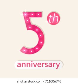 5 th anniversary poster with glowing lights.Jubilee event design.Pink number on beige background