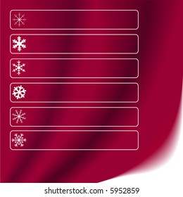 Die 5 Dinge zu Weihnachten:  6 Schneeflocken-Kopienraum auf rotem Samthintergrund.