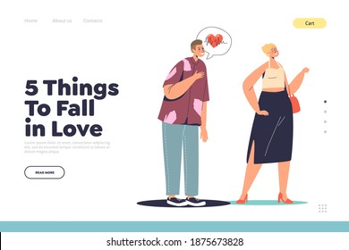 5 Things To Fall In Love Concept Of Landing Page With Cartoon Man Having Romantic Feeling For Woman. Affection And Romance Template. Flat Vector Illustration