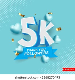 5 thousand followers. Thank you followers. 3d writing vector illustration for post design. 5K 3d style with confetti in the background. Social media celebration banner.