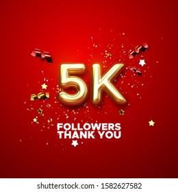 5 thousand. Thank you followers. Vector 3d illustration for blog or post design. 5K golden sign with confetti on red background. Social media festive banner.