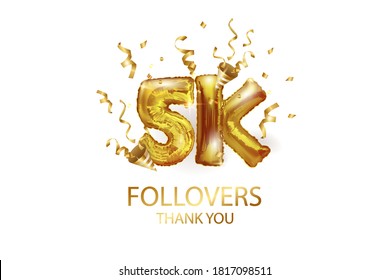 5 thousand. Thank you, followers. 3D vector illustration for blog or post design. 5K gold sign made of foil gold balls with confetti on a white background. Holiday banner in social networks.