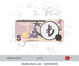 5 Turkish Lira Banknote. Flat style vector illustration isolated on currency background. Finance concept.
