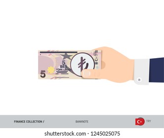 5 Turkish Lira Banknote. Hand gives money. Flat style vector illustration. Salary payout or corruption concept.