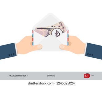 5 Turkish Lira Banknotes in envelope hold in hand. Flat style opened white envelope with cash. Salary payout or corruption concept.