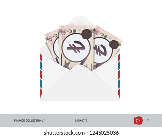 5 Turkish Lira Banknotes in envelope. Flat style opened white envelope with cash. Salary payout or corruption concept.