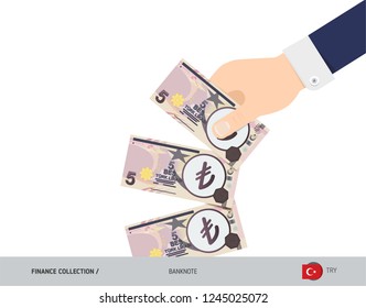 5 Turkish Lira Banknotes. Hand throwing banknotes. Flat style vector illustration. Waste of money concept.