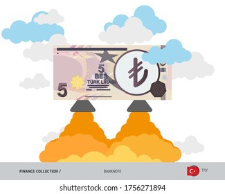 5 Turkish Lira rising as a rocket. Flat style vector illustration.