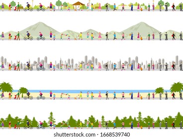 5 type set of scenery and lifestyle people   park,city,beach,mountain,forest