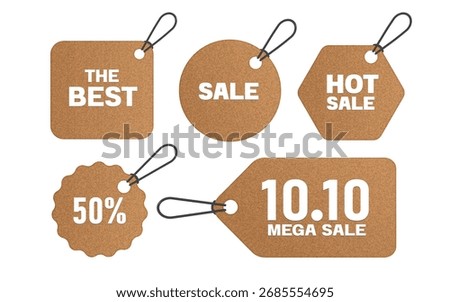 5 types of brown craft paper promotional signs or tag label with hanging ropes and advertising messages: the best, sale, hot sale, 50%, 10.10 mega sale, vector illustration on white background