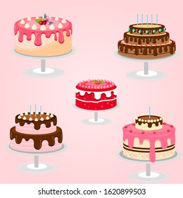 5 Types of Delicious  Vector Cakes Illustration Design For Posters, Website Banners, with Lightpink Gradient Background