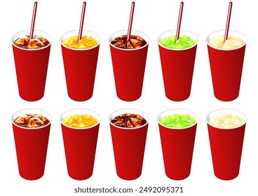 5 types of drinks in paper cups, straws