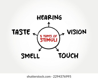 The 5 types of external stimuli - divided into our senses: touch, vision, smell and taste, mind map concept for presentations and reports