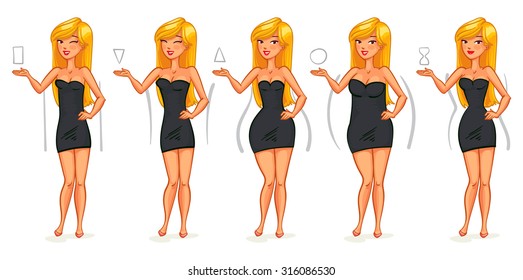 5 types of female figures. Triangle, inverted triangle, rectangle, rounded, hourglass. Funny cartoon character. Vector illustration. Isolated on white background