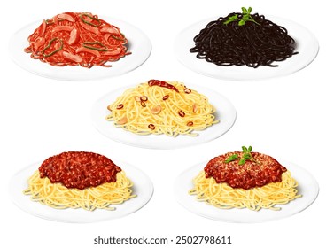 5 tipos de pasta conjunto Salsa de carne Bolognese Calamar tinta peperoncino Salsa de tomate napolitano