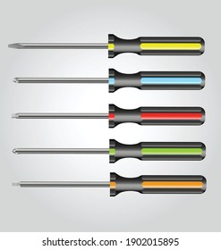 5 types of realistic screwdrivers of different colors made in vectors