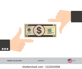 5 US Dollar Banknote. Business hands measuring banknote. Flat style vector illustration. Business finance concept.