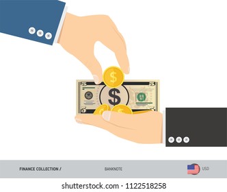 5 US Dollar Banknote and coins in the palm of hands. Flat style vector illustration. Finance concept.