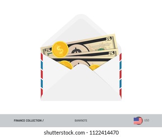 5 US Dollar Banknote. Flat style opened envelope with cash. Dollar banknotes and coins. Salary payout or corruption concept.