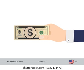 5 US Dollar Banknote. Hand gives money. Flat style vector illustration. Salary payout or corruption concept.