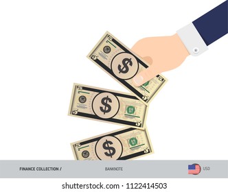 5 US Dollar Banknote. Hand throwing banknote. Flat style vector illustration. Waste of money concept.