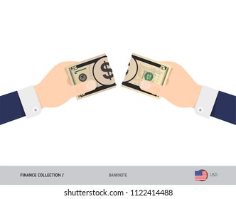 5 US Dollar Banknote. Hands tearing banknote. Flat style vector illustration. Business finance concept.