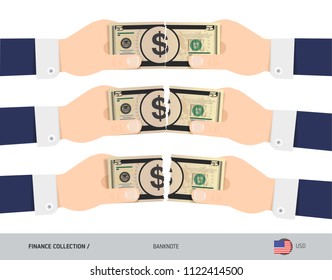 5 US Dollar Banknote. Hands tearing banknote set. Flat style vector illustration. Business finance concept.