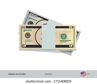 5 US Dollar banknotes. A bundle of money. Flat style vector illustration.