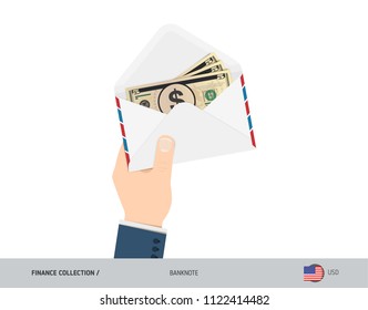 5 US Dollar Banknotes in envelope hold in hand. Flat style opened white envelope with cash. Salary payout or corruption concept.