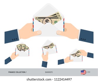5 US Dollar Banknotes in envelope hold in hand. Set of flat style opened white envelopes with cash. Salary payout or corruption concept.