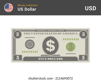 5 US Dollar bill. American money banknote. Currency vector set. Stylized drawing of bills. Flat vector illustration.