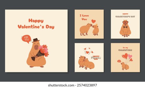 5 Valentine's Day Cards With Capybaras. Greeting Card Templates Design Cartoon Capybaras Printable in Retro Style. Vector