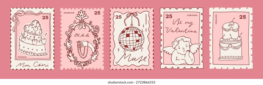 5 colección de tarjeta de sello postal de San Valentín. Impresión linda del día de San Valentín, conjunto de diseño de arte de línea caprichoso de moda del cartel. Colección de arte de pared rosa divertido. Sello de Vector para la carta de amor, ilustración dibujada a mano