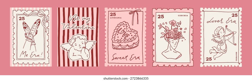 5 colección de tarjeta de sello postal de San Valentín. Impresión linda del día de San Valentín, conjunto de diseño de arte de línea caprichoso de moda del cartel. Colección de arte de pared rosa divertido. Sello de Vector para la carta de amor, ilustración dibujada a mano
