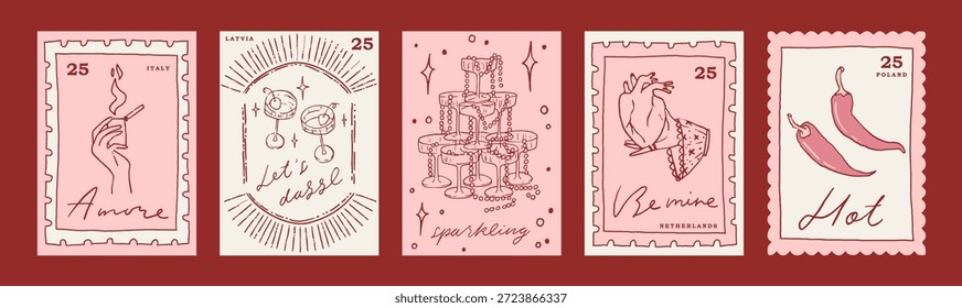 5 colección de tarjeta de sello postal de San Valentín. Impresión linda del día de San Valentín, conjunto de diseño de arte de línea caprichoso de moda del cartel. Colección de arte de pared rosa divertido. Sello de Vector para la carta de amor, ilustración dibujada a mano
