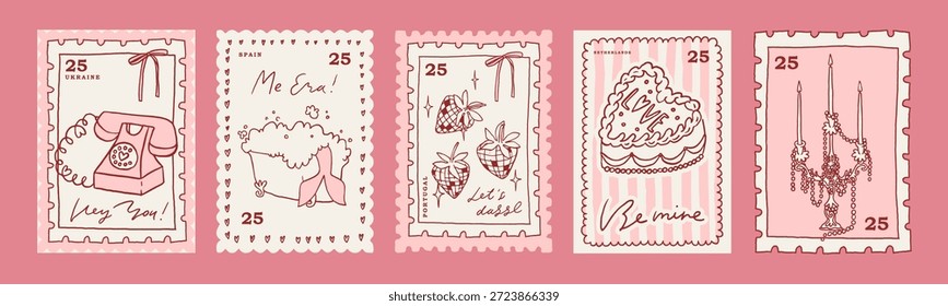 5 Valentines postage stamp card collection. Cute Valentine's day print, poster trendy whimsical line art design set. Fun pink wall art collection. Vector stamp for love letter, hand drawn illustration