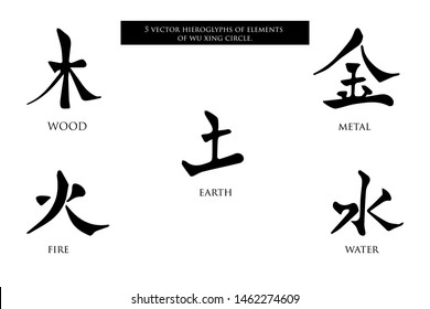 5 vector hieroglyphs of elements of Wu Xing circle. Black and white graphics are isolated on a white background. 