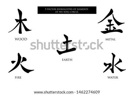 5 vector hieroglyphs of elements of Wu Xing circle. Black and white graphics are isolated on a white background. 