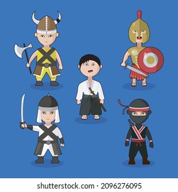 5 Vector illustrations of unique warriors from various cultures. Vikings, Sparta, Samurai, Shinobi, and Mujahid.