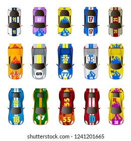 5 vector multi-colored cars with numbers and tuning, top view