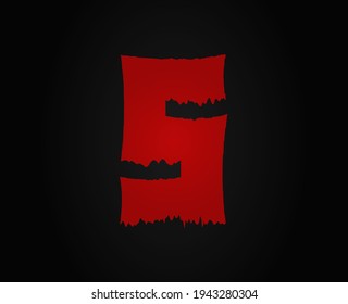 5 vector número horror sangriento, aterrador. Miedo demente brutal, tipo de letra gritando. Diseño de estilo de tema nocturno