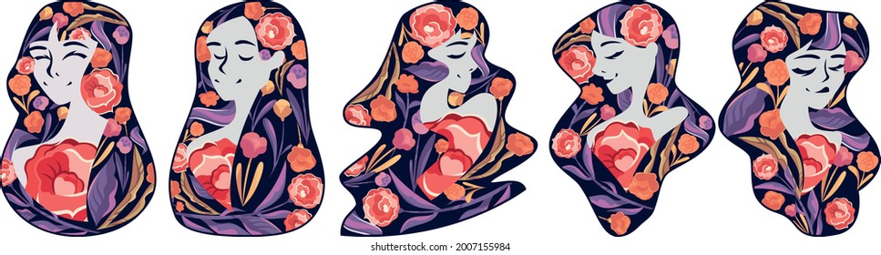 5 vector prints with girls and roses inside