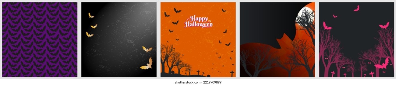 5 Vector Set of Halloween Themed Backgrounds. Bat Patterned Background, dark forest with group of flying bats. Colored background with bats. Halloween square card poster template designs. EPS 10.