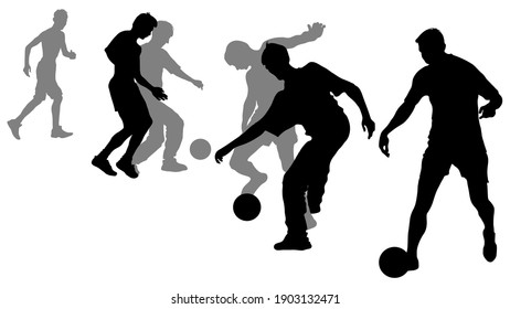 5 Vector silhouettes of men football fans. Young people pass a soccer ball, athletic guys play football, train.