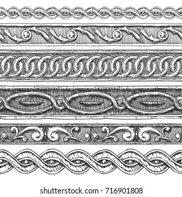 5 Vector Vintage Baroque Seamless Borders Moldings Stylized As Engraving.