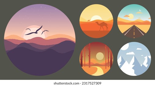 5 vectoral circular landscapes: cold mountains, sun, clouds; yellow sunset, trees, mountains; road, sandy-colored mountains; camels on desert sand dunes; romantic sunrise, birds, shimmering mountains