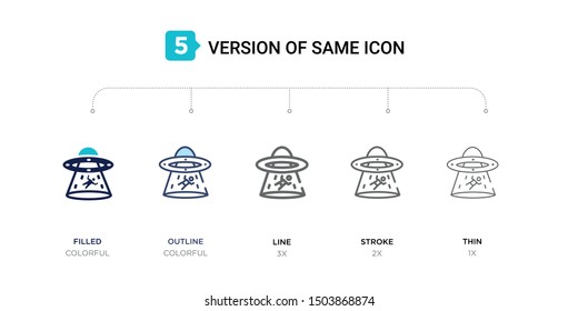 5 version of abduction icon such as two color filled, colorful outline, simple line, stroke and thin vector illustrations can be use for web and mobile