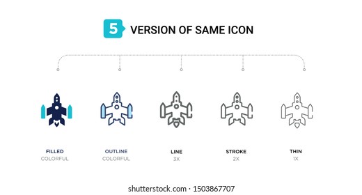 5 version of aerospace icon such as two color filled, colorful outline, simple line, stroke and thin vector illustrations can be use for web and mobile